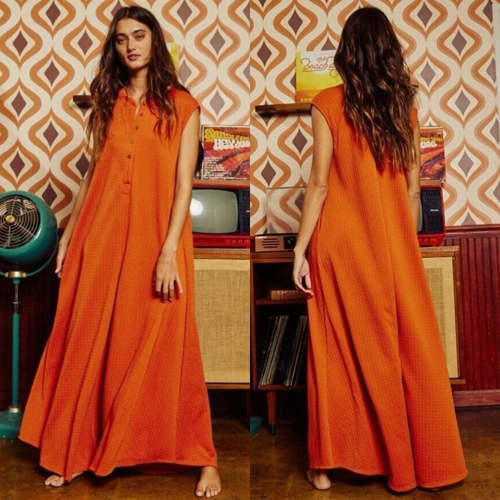 BUCKETLIST Heidi Boho Textured Knit Wide Leg Lagenlook Orange Romper Jumpsuit